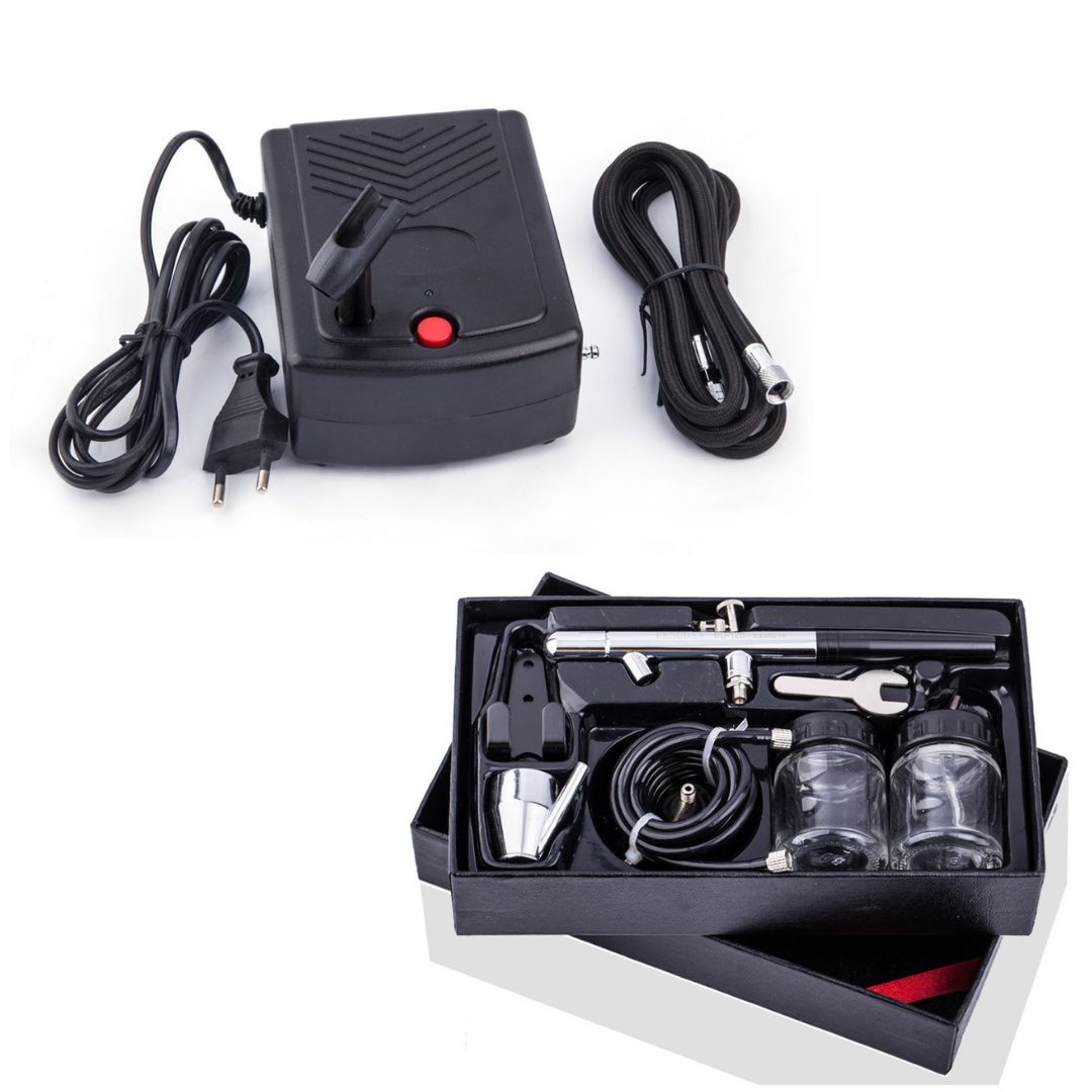 Aérographe BD-128 double action, mini compresseur et accessoires