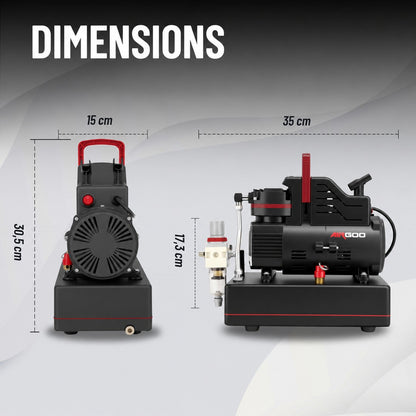 compresseur pour aérographe AG-436 et ses dimensions de 35 × 15 × 30,5 cm