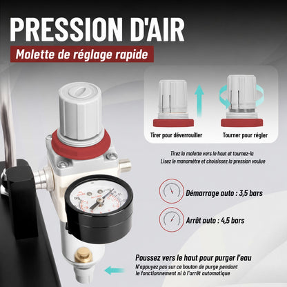 compresseur pour aérographe avec molette de réglage de pression, démarrage à 3,5 bars et arrêt à 4,5 bars