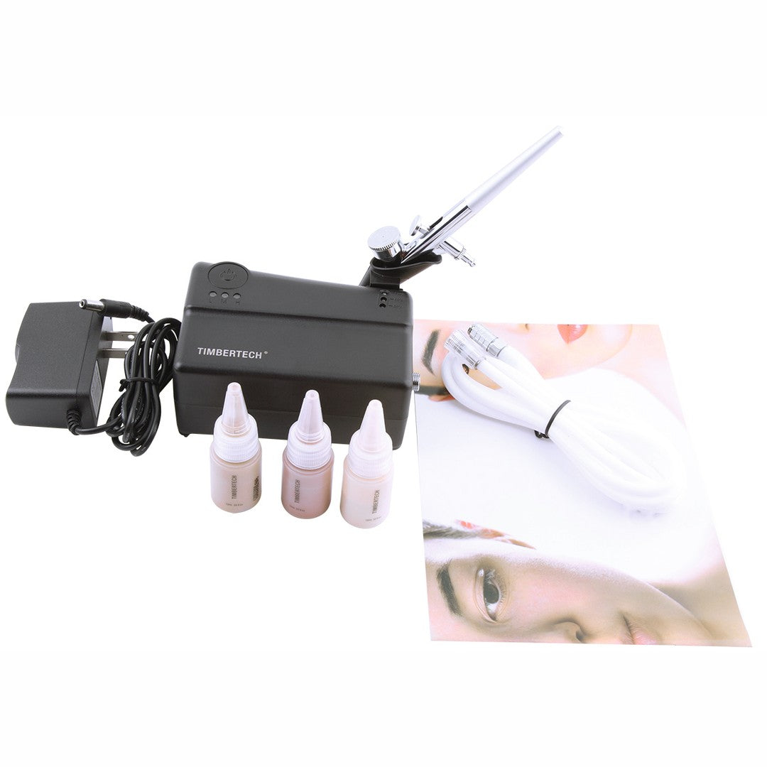 kit aérographe maquillage avec mini-compresseur, aérographe, chargeur, tuyau et 3 flacons de fond de teint