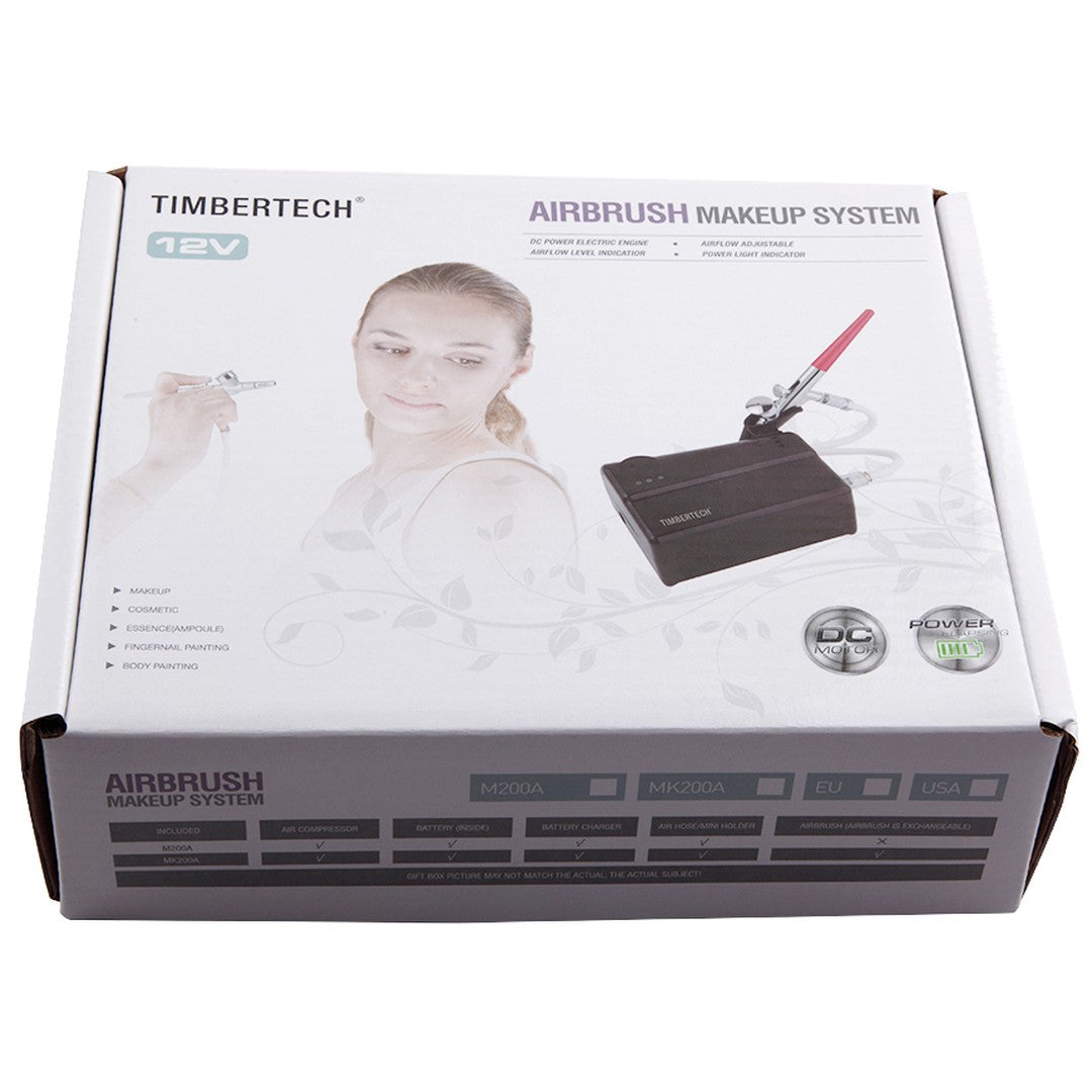 kit aérographe maquillage Timbertech MK-200 dans sa boîte fermée avec le tableau du contenu
